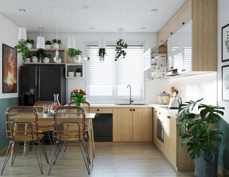 Phòng bếp với nhiều cây xanh giúp thanh lọc không khí