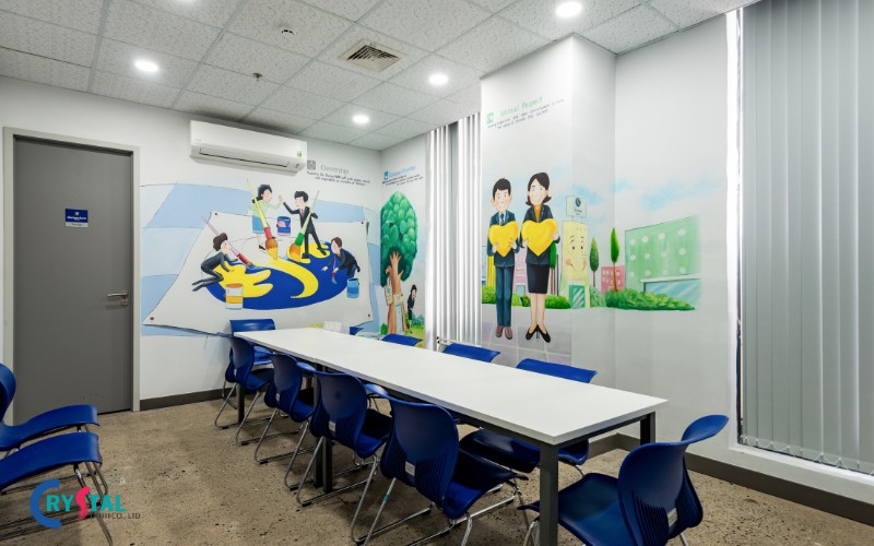 Phòng họp nhỏ dành cho nội bộ nhân viên ngân hàng, cách thiết kế vui tươi, mới mẻ 