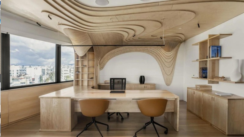 Mẫu 16: Thiết kế phòng làm việc công sở với chất liệu gỗ tự nhiên 