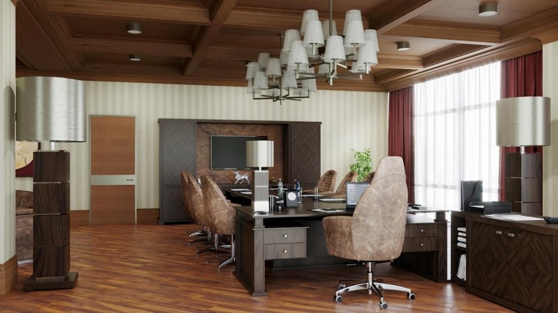 Trần gỗ sang trọng kết hợp đèn âm tường và đèn chùm trắng trong thiết kế văn phòng cổ điển