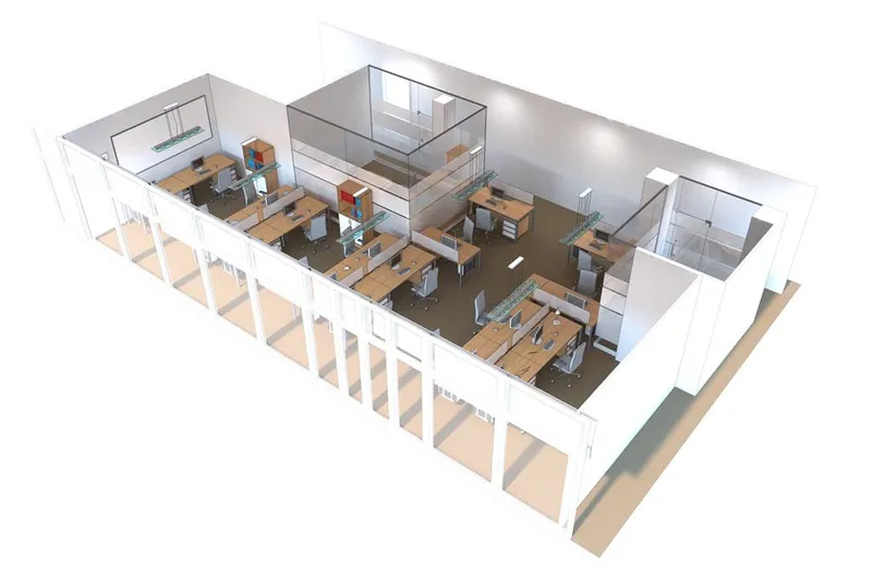 Bản vẽ thiết kế văn phòng 3D với bố trí bàn làm việc, vách ngăn kính và không gian mở