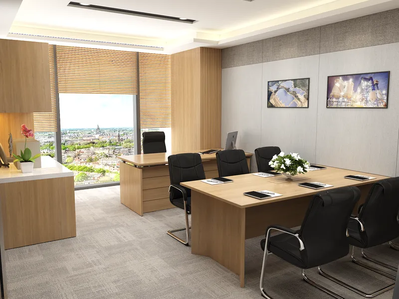 Bản vẽ thiết kế văn phòng phòng họp với bàn gỗ dài, ghế da đen, cửa sổ kính lớn