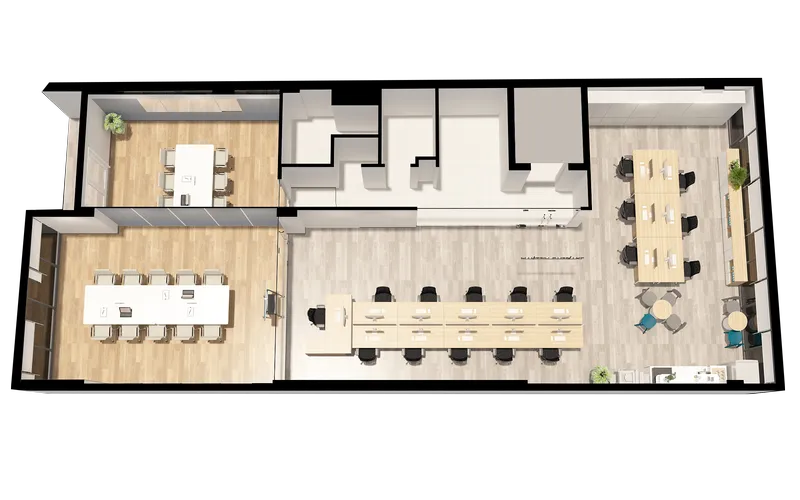 Bản vẽ 3D thiết kế văn phòng không gian mở, với bố trí hợp lý các khu vực làm việc, giao tiếp và nghỉ ngơi