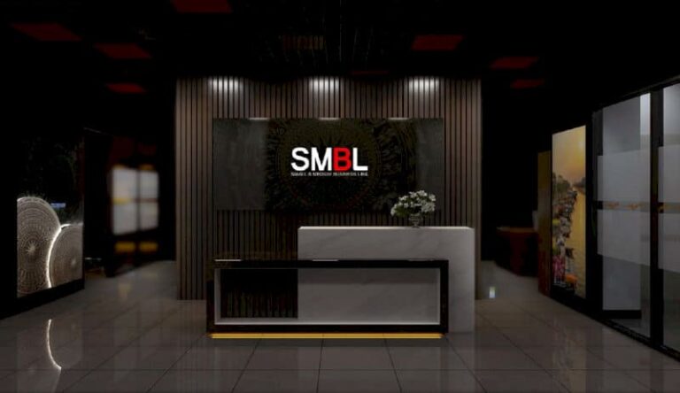 Văn phòng đẹp nhất thế giới, quầy lễ tân sang trọng, logo SMBL, không gian làm việc hiện đại.