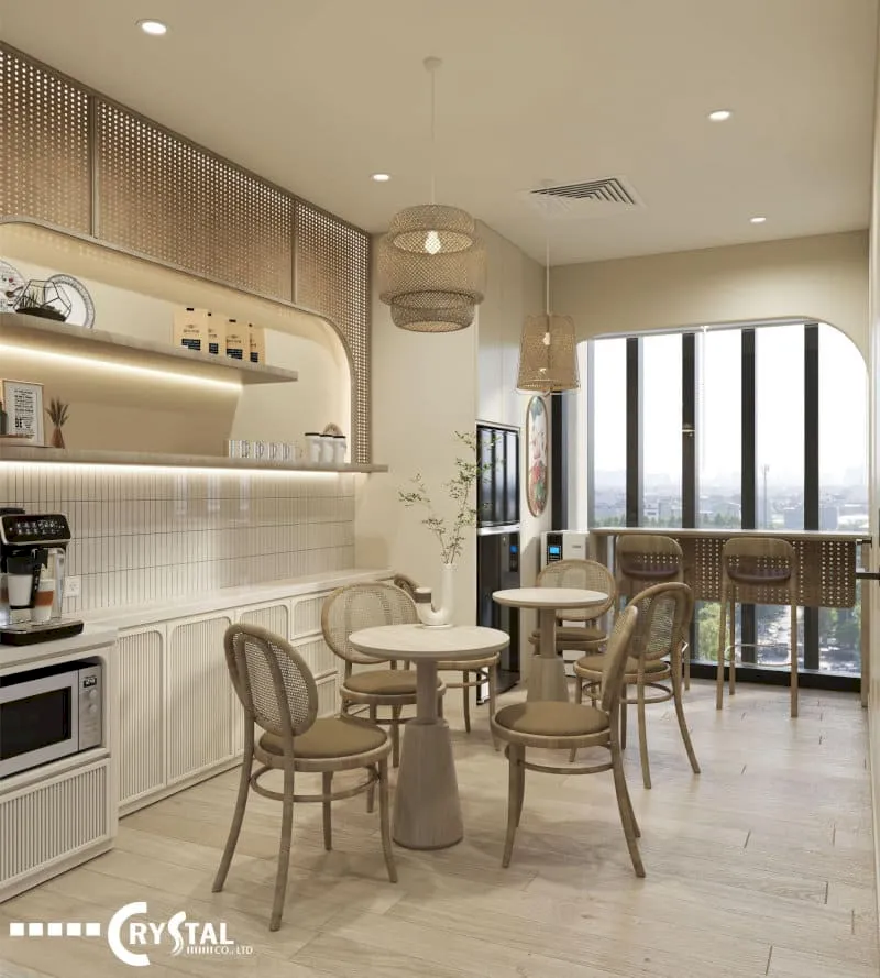 Pantry văn phòng hiện đại ấm áp với nội thất gỗ tự nhiên, không gian mở và ánh sáng tràn ngập.