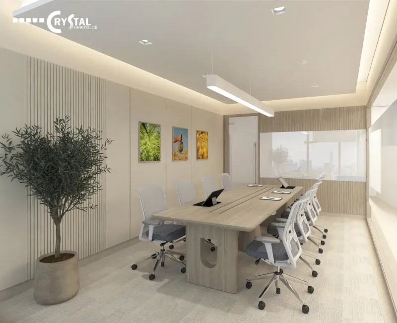 Phòng họp văn phòng hiện đại sang trọng với bàn họp lớn, ánh sáng tự nhiên và cây xanh tạo điểm nhấn.