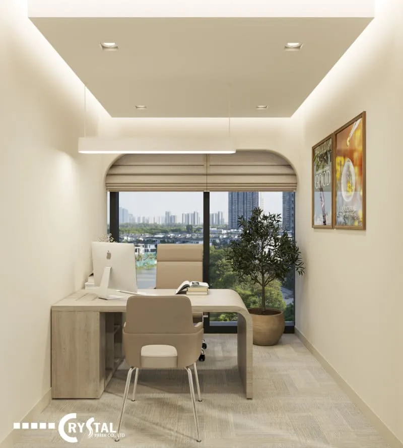Phòng giám đốc cao cấp hiện đại với nội thất tối giản, view thành phố rộng mở và cây xanh trang trí.