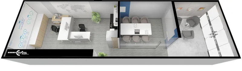 Mặt bằng thiết kế văn phòng nhỏ gồm khu làm việc, phòng họp và khu vực tiếp khách riêng biệt.