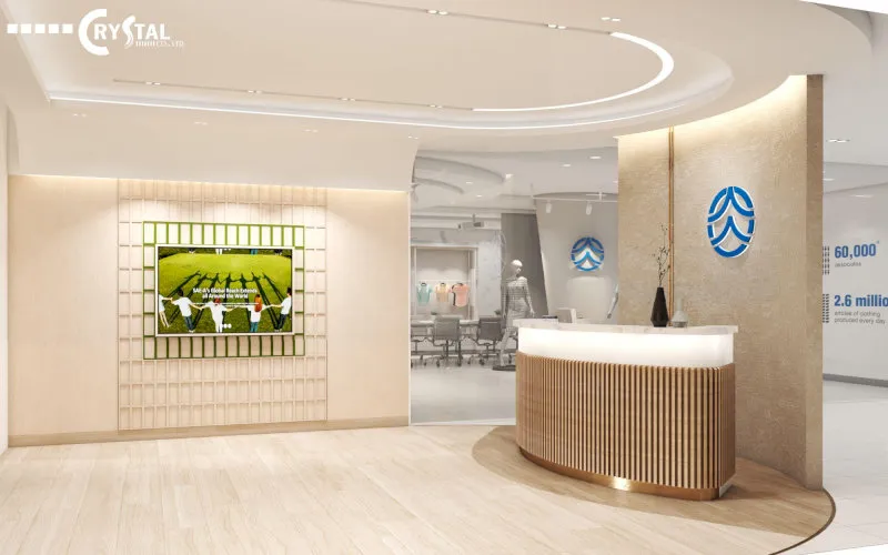Khu vực lễ tân sang trọng với quầy gỗ bo tròn, trần uốn lượn và trang trí nghệ thuật hiện đại.