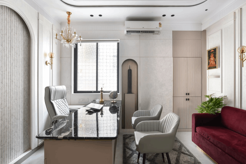Thiết kế văn phòng nhà ống với các chất liệu sang trọng như vải nhung, da thuộc và đá hoa cương.