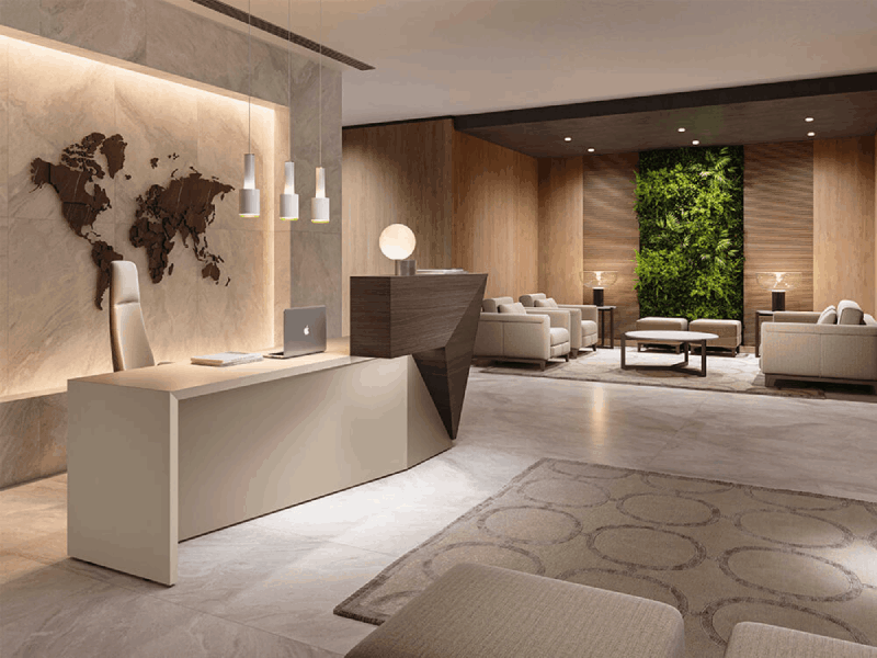 Không gian lễ tân trong văn phòng luật thể hiện rõ giá trị cốt lõi