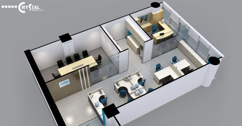 Bố cục 3D văn phòng nhỏ hiện đại, thể hiện không gian làm việc chuyên nghiệp với bàn ghế, thiết bị và ánh sáng tự nhiên.