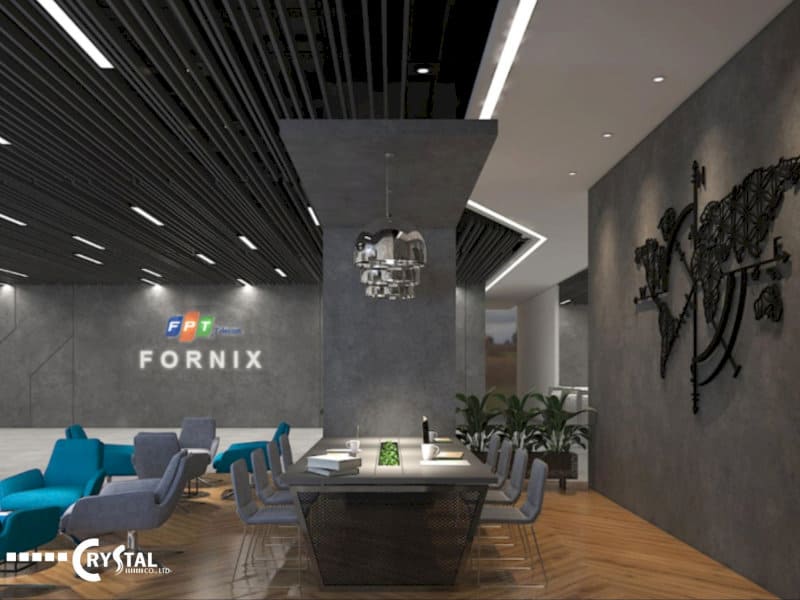 Nội thất văn phòng FPT Fornix với logo CRYSTAL, thiết kế hiện đại và không gian làm việc chuyên nghiệp.