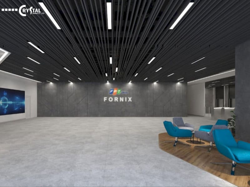 Nội thất văn phòng FPT Fornix hiện đại, với không gian rộng rãi, logo CRYSTAL và các khu vực làm việc được thiết kế chuyên nghiệp.