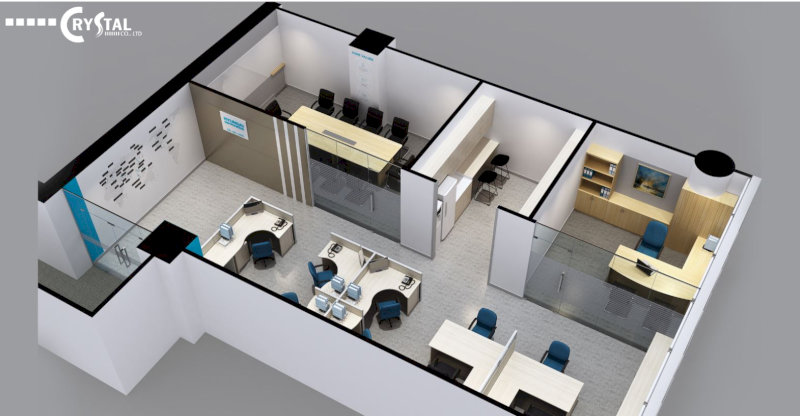 Bản vẽ 3D thiết kế nhà nhỏ, thể hiện bố cục chi tiết với các phòng chức năng, nội thất và ánh sáng tự nhiên.