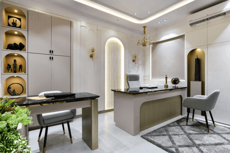 Thiết kế văn phòng nhà ống sang trọng với đèn chùm và đèn tường quý phái, tạo không gian hiện đại và đẳng cấp