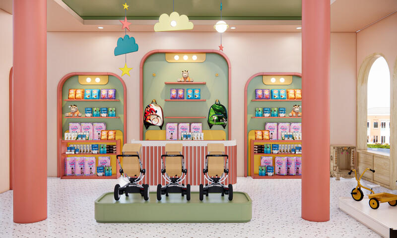Showroom Mẹ & Bé May Store đầy màu sắc, đáng yêu với các kệ trưng bày sản phẩm trẻ em, xe đẩy và đồ chơi