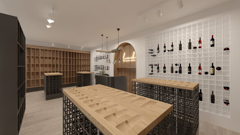 Showroom rượu Lan Anh Bình Dương hiện đại với kệ trưng bày rượu gỗ, bàn gỗ lớn và ánh sáng vàng