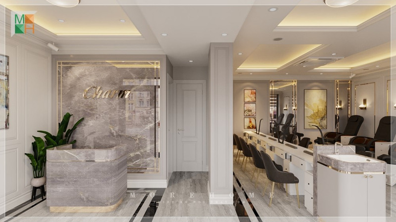 Showroom tiệm nail sang trọng, hiện đại với quầy lễ tân bằng đá cẩm thạch và khu vực làm móng được trang bị ghế êm ái