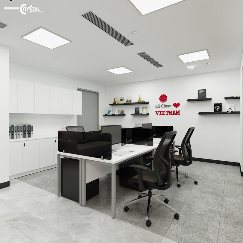 Không gian làm việc hiện đại trong văn phòng LG Chem với bàn làm việc sạch sẽ, ghế công thái học, kệ trang trí đơn giản