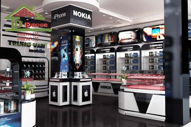 Showroom điện thoại hiện đại, chuyên nghiệp với các tủ trưng bày điện thoại, logo iPhone và Nokia