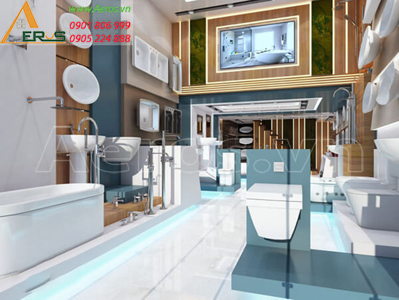 Showroom thiết bị vệ sinh hiện đại, sang trọng với bồn tắm, bồn rửa mặt và gương được chiếu sáng