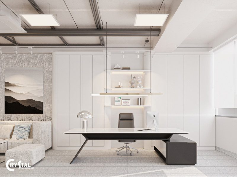 Phòng làm việc lãnh đạo trang nhã với bàn làm việc lớn, ghế giám đốc sang trọng, cùng sofa tiếp khách