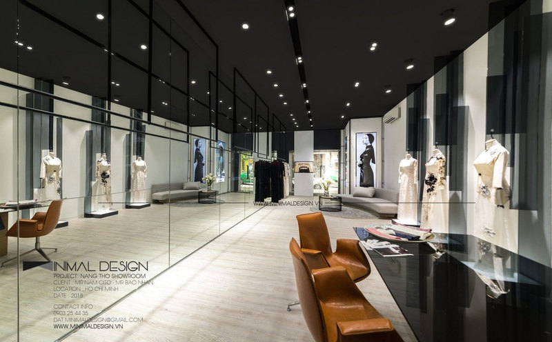 Showroom Nàng Thơ sang trọng, hiện đại với gương lớn, các tượng ma-nơ-canh mặc váy trắng và khu vực tiếp khách