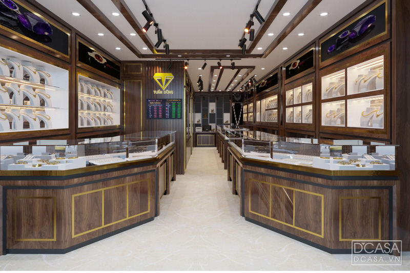 Showroom tiệm vàng Tuấn Dũng hiện đại, sang trọng với tủ trưng bày trang sức vàng bạc, sàn đá cẩm thạch