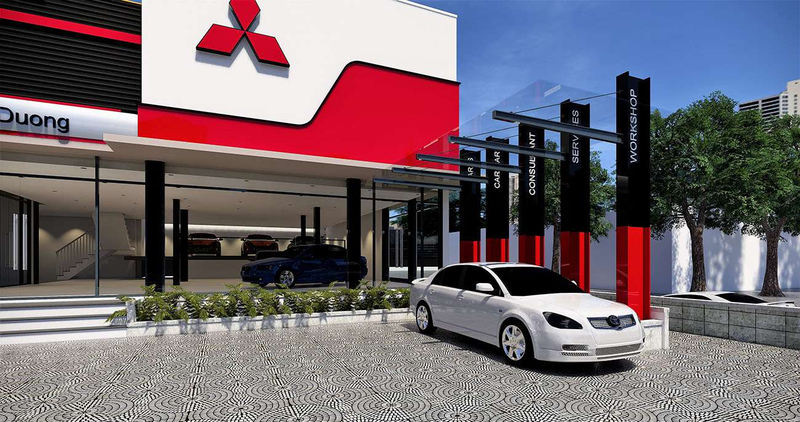 Showroom ô tô hiện đại, ấn tượng với tông màu đỏ, trắng và đen, trưng bày xe hơi trắng