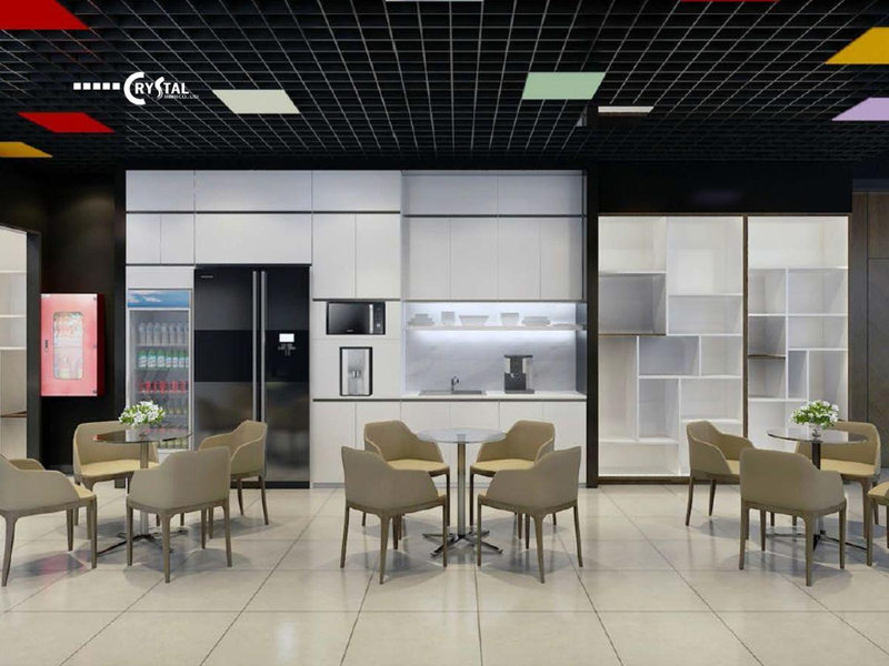 Khu vực pantry thư giãn với nội thất văn phòng cao cấp, hiện đại và tinh tế