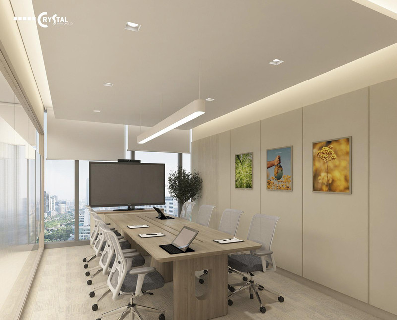 Nội thất văn phòng cao cấp với bàn họp veneer và ghế da trong không gian hiện đại sang trọng