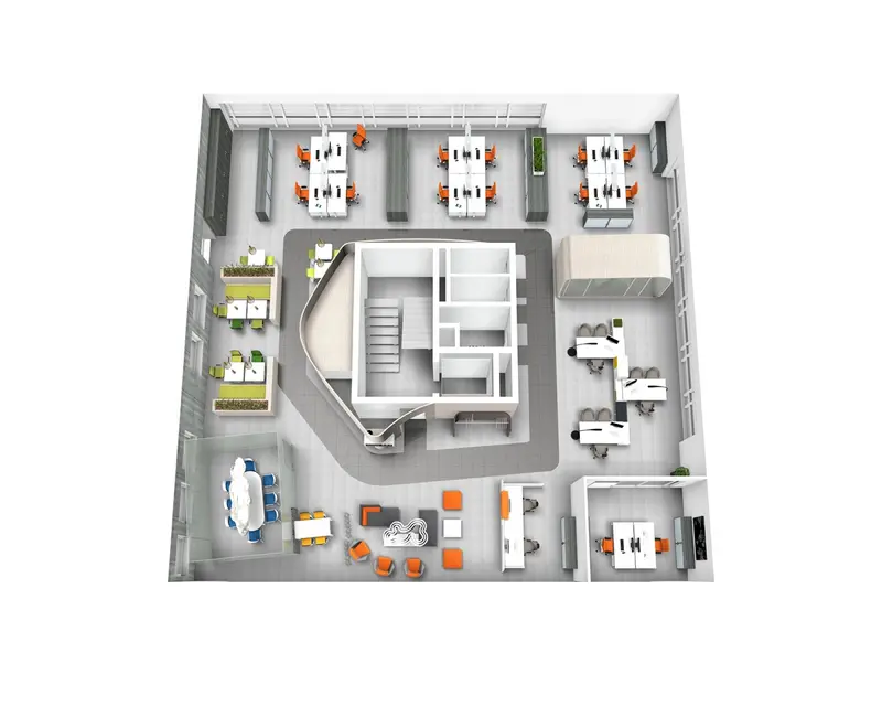 Mẫu mặt bằng văn phòng không gian mở với sự tối giản vách ngăn giữa các khu vực làm việc