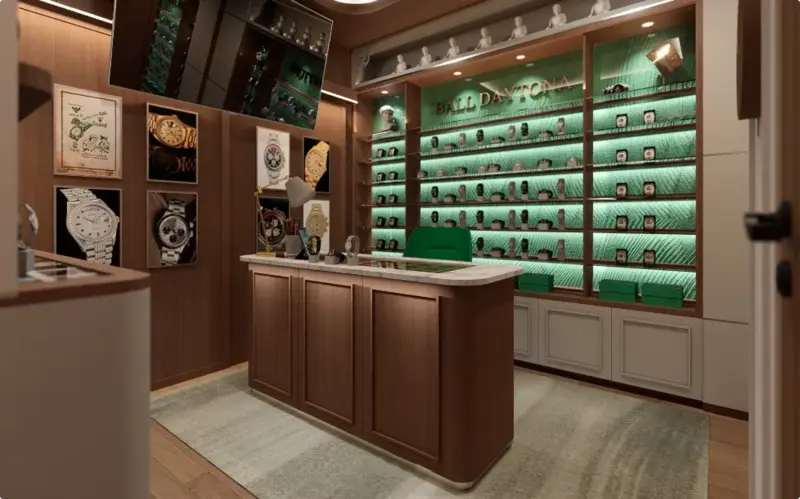 Thiết kế gây ấn tượng mạnh với sự tương phản giữa ánh sáng nền màu xanh lá cây hiện đại và nội thất gỗ mang phong cách cổ điển. - Nguồn ảnh: mykioskey.com