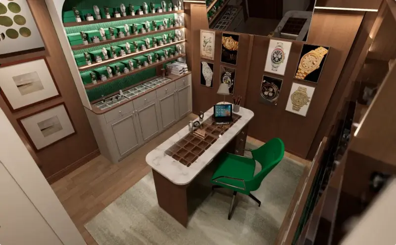 Chiếc ghế xoay màu xanh đồng điệu và các bức tranh về đồng hồ trên tường càng làm tăng thêm không khí của một không gian sang trọng, dành riêng cho những cuộc trao đổi mua bán quan trọng. - Nguồn ảnh: mykioskey.com