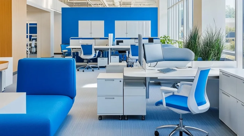 Nội thất văn phòng hiện đại kết hợp tông trắng xám và điểm nhấn xanh lam - màu sắc nhận diện thương hiệu (Nguồn: Internet)