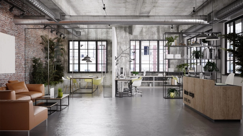 Khu lễ tân phong cách công nghiệp với logo công ty đúc thép nổi, tường gạch trần, sàn bê tông sơn bóng (Nguồn: Internet)