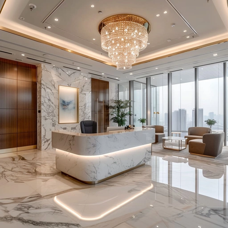 Văn phòng Luxury với sàn marble trắng vân xám và đèn chùm pha lê làm điểm nhấn toàn bộ không gian (Nguồn: Internet)