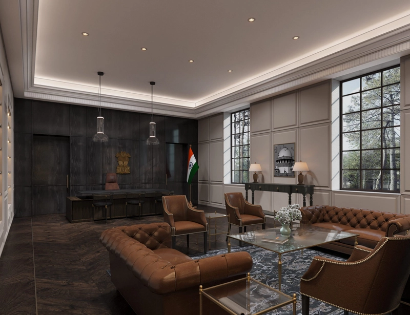 Phòng lãnh đạo phong cách Executive với bàn làm việc gỗ và ghế da Chesterfield (Nguồn: Internet)