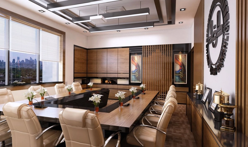 Phòng họp Luxury với bàn chữ U vân gỗ, ghế da cao cấp và hệ thống đèn trần tinh tế (Nguồn: Internet)