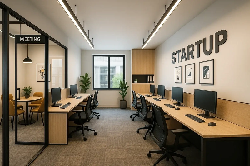 Văn phòng startup 40m² tối giản với 6 bàn làm việc bố trí sát tường và vách kính chia phòng họp mini riêng biệt (Nguồn: Internet)