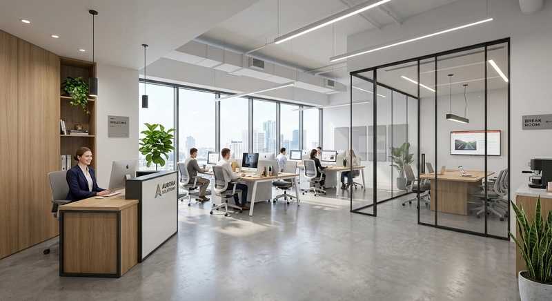 Văn phòng 80m² phong cách hiện đại với open space làm việc, phòng họp kính riêng biệt và quầy lễ tân góc tinh gọn (Nguồn: Internet)