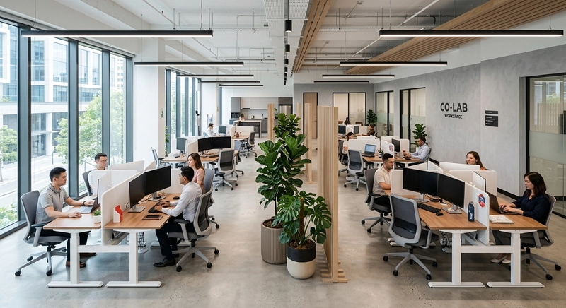 Không gian làm việc 100m² bố trí theo cụm bàn 4 người, tạo điều kiện làm việc nhóm mà không xáo trộn không gian chung (Nguồn: Internet)