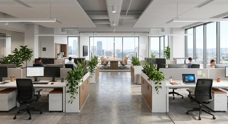 Văn phòng 120m² với lối đi trung tâm thoáng, hai dãy bàn hai bên và phòng họp kính đặt cuối phòng hướng view đẹp (Nguồn: Internet)