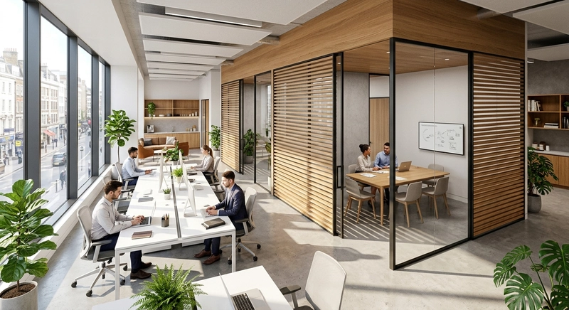 Văn phòng 90m² sử dụng vách ngăn lửng gỗ kết hợp kính để chia không gian nhưng không cắt đứt ánh sáng tự nhiên (Nguồn: Internet)