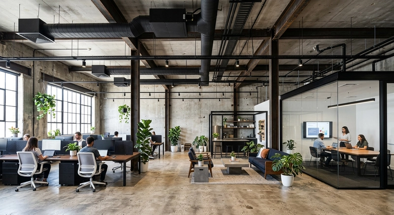 Văn phòng 140m² phong cách công nghiệp với trần bê tông, để lộ kết cấu dầm thép và ống thông gió sơn đen (Nguồn: Internet)