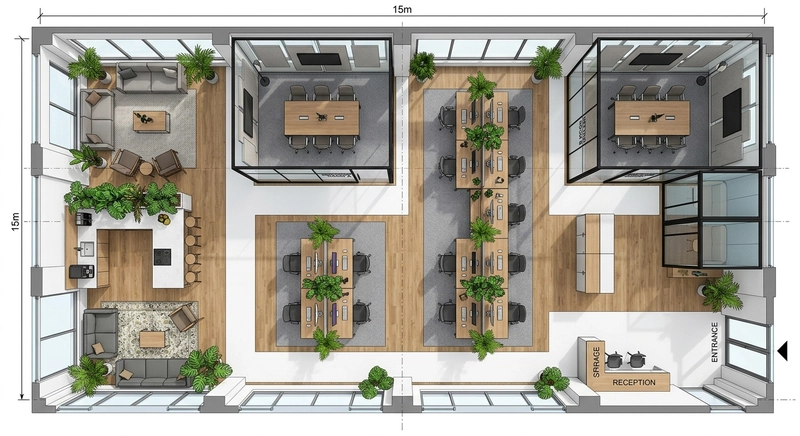 Bố cục văn phòng 150m² nhìn từ trên cao: phân khu hợp lý giữa khu làm việc, khu nghỉ và hai phòng họp kính đối xứng (Nguồn: Internet)