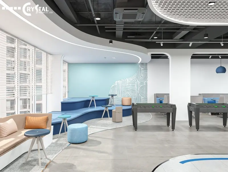 Khu vực nghỉ ngơi, thư giãn với sofa đường cong mềm mại cùng màu sắc nhã nhặn, tạo cảm giác thoải mái (Nguồn: Deco Crystal)