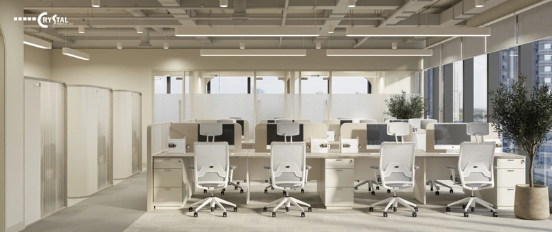 Dãy bàn làm việc đôi thiết kế tối giản, ngăn chia trung tâm bằng kính mờ (Nguồn: Deco Crystal)