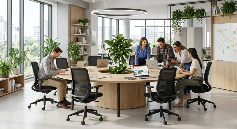 Khu làm việc nhóm với bàn tròn lớn và ghế bánh xe - thiết kế cho phép nhân sự xoay chuyển, di chuyển và trao đổi dễ dàng.